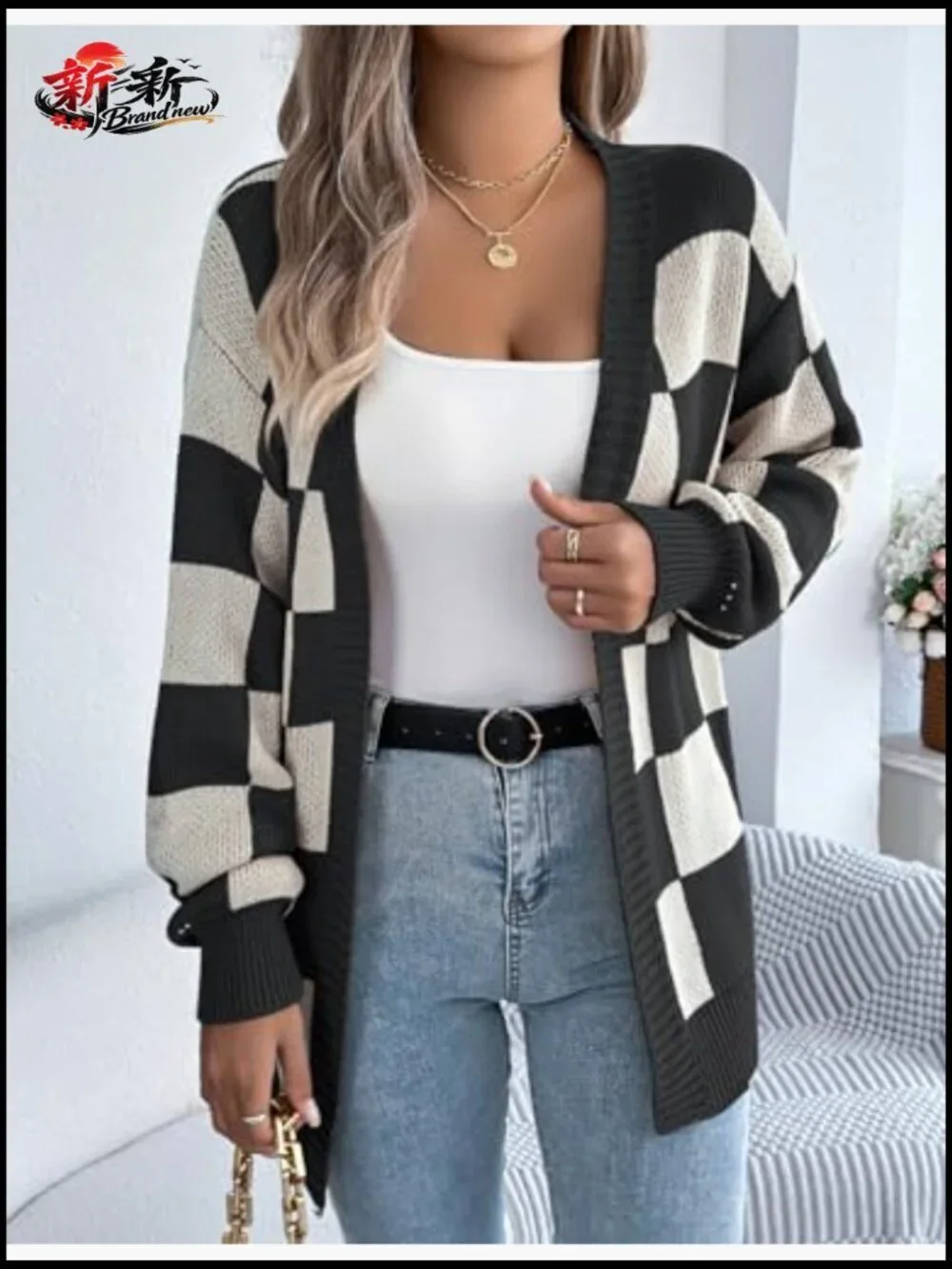 Checkered Oversized Knit Cardigan Long Sleeve V-Neck Lantern Sleeve - Picture 3 of 5